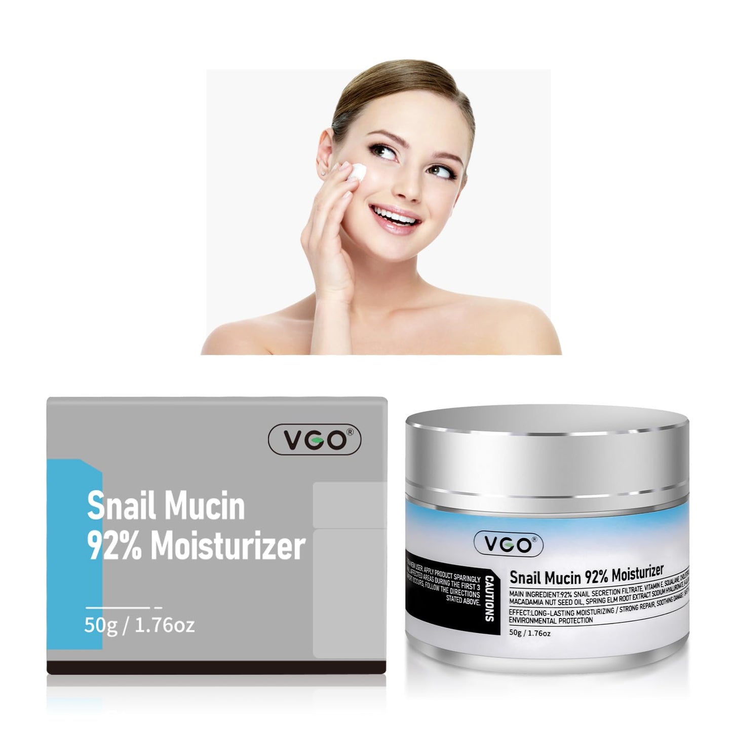 VGO-Crema hidratante facial de uso diario con mucina de caracol al 92% en gel reparador e hidratante para pieles secas y sensibles, todo tipo de pieles, 50 g/1,76 oz