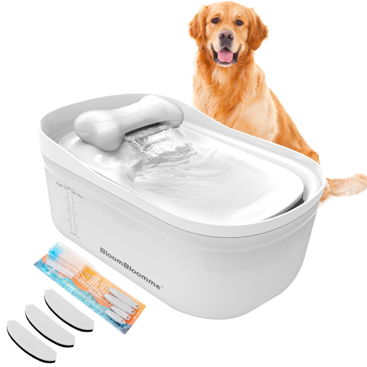 BloomBloomme - Fuente de agua ultra silenciosa para mascotas de 2.3 gal/316 oz/9 l para perros grandes/medianos en el interior del dispensador automático de tazón de agua para perros, fuente de bebida para gatos, cascada con kit de limpieza/3 filtros (bla