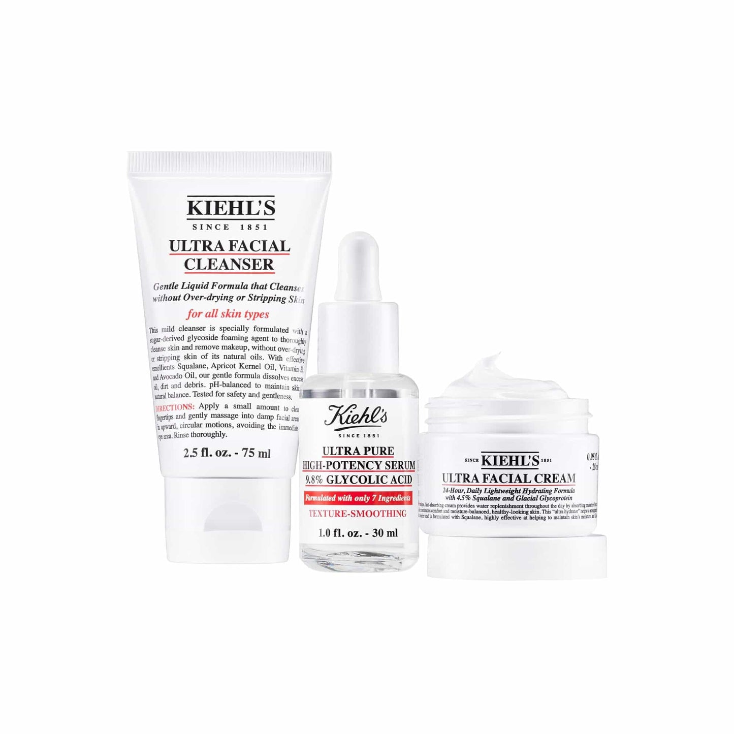 Kiehl's Smooth-It-Up SET, Ultra Pure High-Potency Serum 30 ml + Ultra Facial Cream 28 ml + Ultra Facial Cleanser 75 ml, Fortalece, Limpia, Alisa y Refresca la Piel