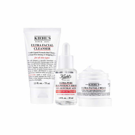 Kiehl's Smooth-It-Up SET, Ultra Pure High-Potency Serum 30 ml + Ultra Facial Cream 28 ml + Ultra Facial Cleanser 75 ml, Fortalece, Limpia, Alisa y Refresca la Piel