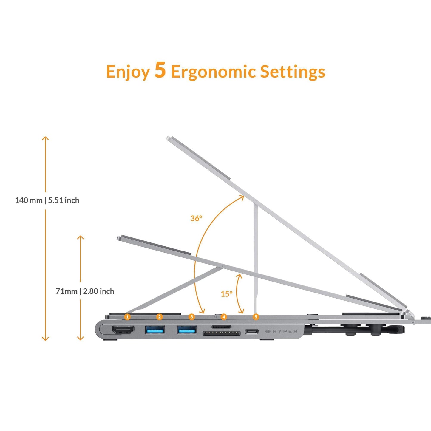 Hyper Drive - Soporte plegable para portátil (USB C, 7 en 1: HDMI 4K30Hz, USB-C 100 W, USB-C 5 Gbps, MicroSD/SD, 2 USB-A 5 Gbps, compatible con Chromebook, Windows PC, MacBook iPad Pro de 10 a 17 pulgadas