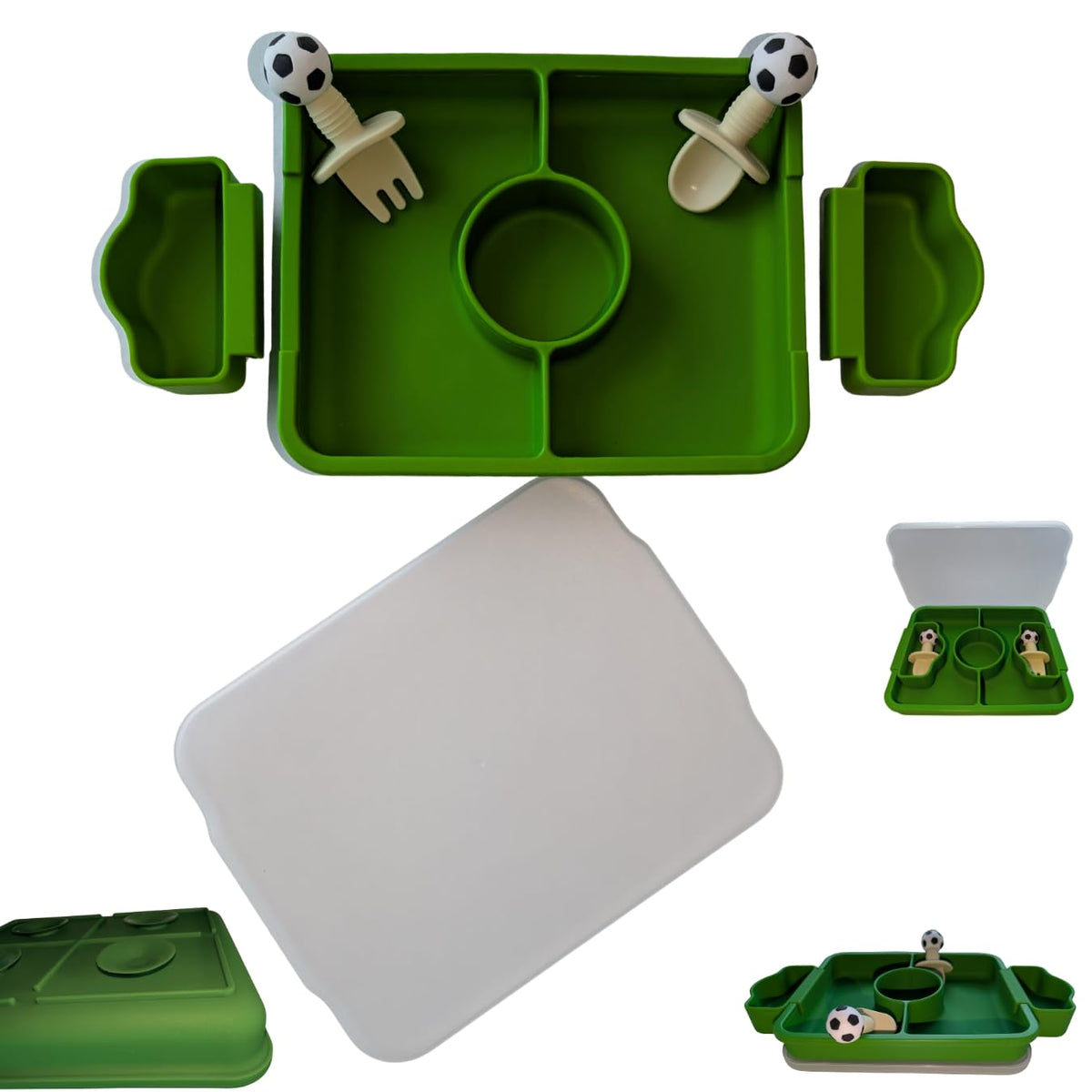 Juego de platos y utensilios de silicona para bebé, vajilla dividida de succión fuerte con tapa, tenedor y cuchara, esenciales de alimentación de grado alimenticio sin BPA, regalo temático de fútbol
