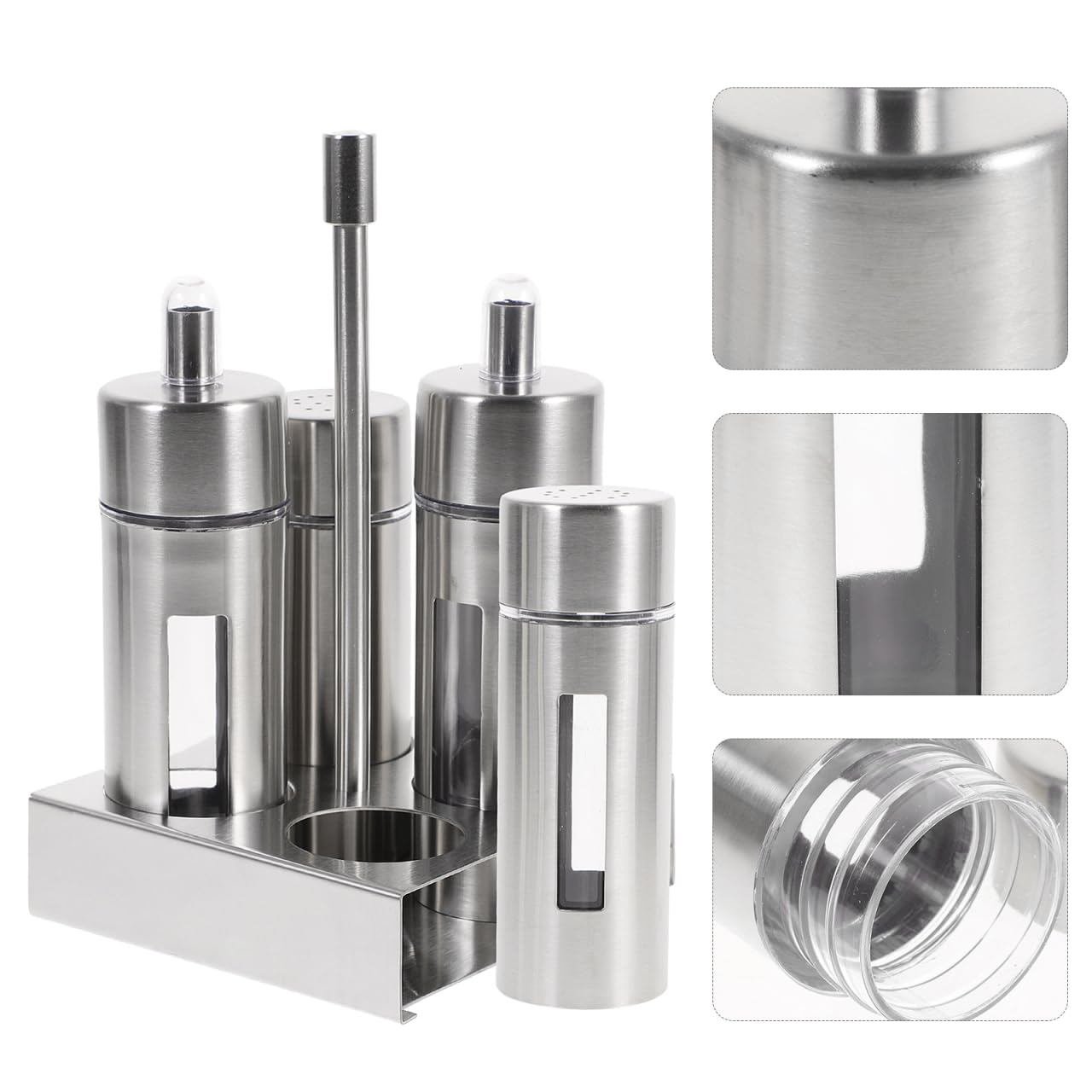 Botellas De Condimentos De Acero Inoxidable Con Soporte Base Contenedores Para Sal Pimienta Vinagre Y Salsas Diseño Transparente Y Removible Para Cocina Y Almacenamiento De Especias