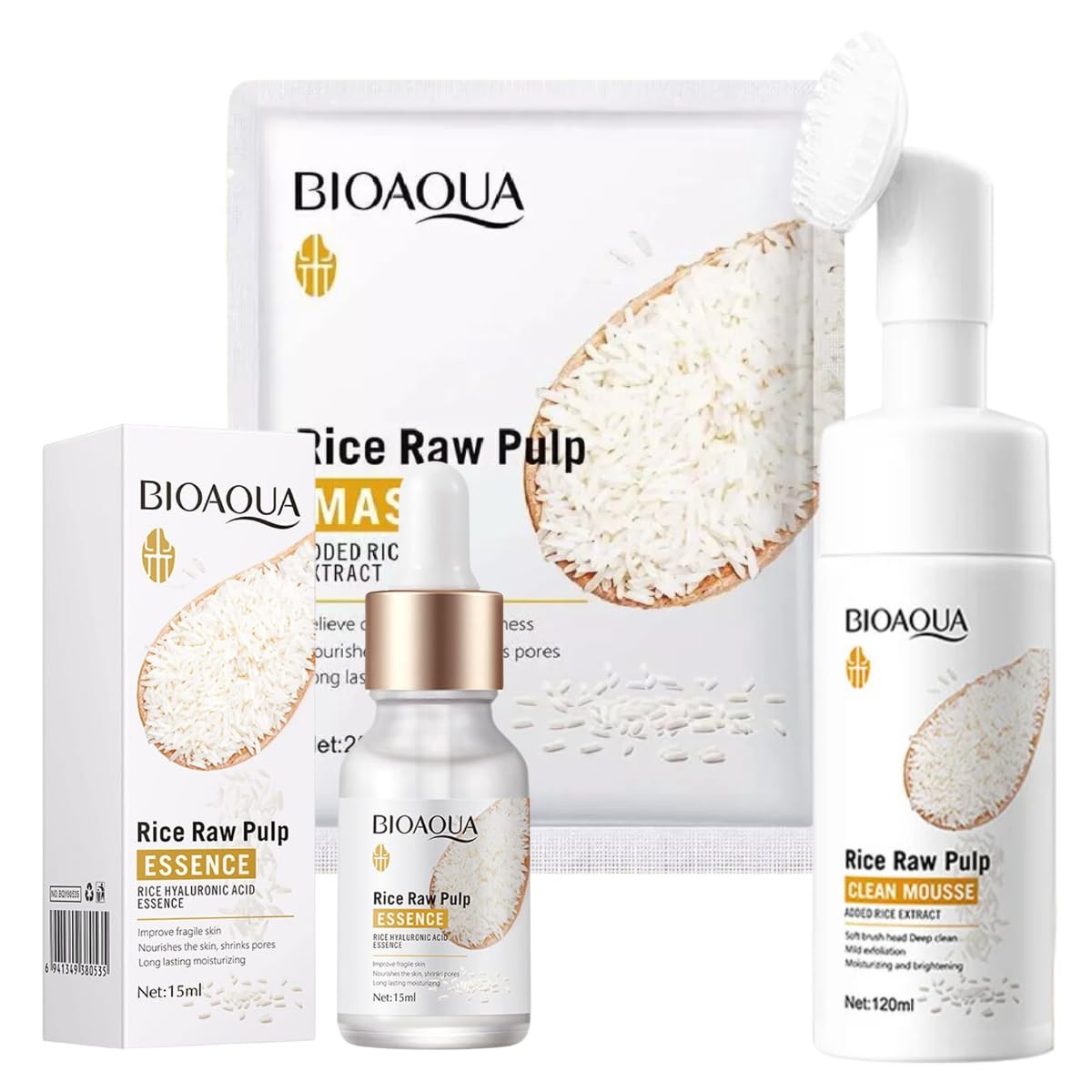 UNIVERSOENLÍNEA.COM Set Limpieza Y Cuidado Facial Espuma Exfoliante Serum Hidratante Mascarilla Humecta y Suaviza la Piel Extracto de Arroz Eliminando Impurezas, Células Muertas y Exceso de Aceite