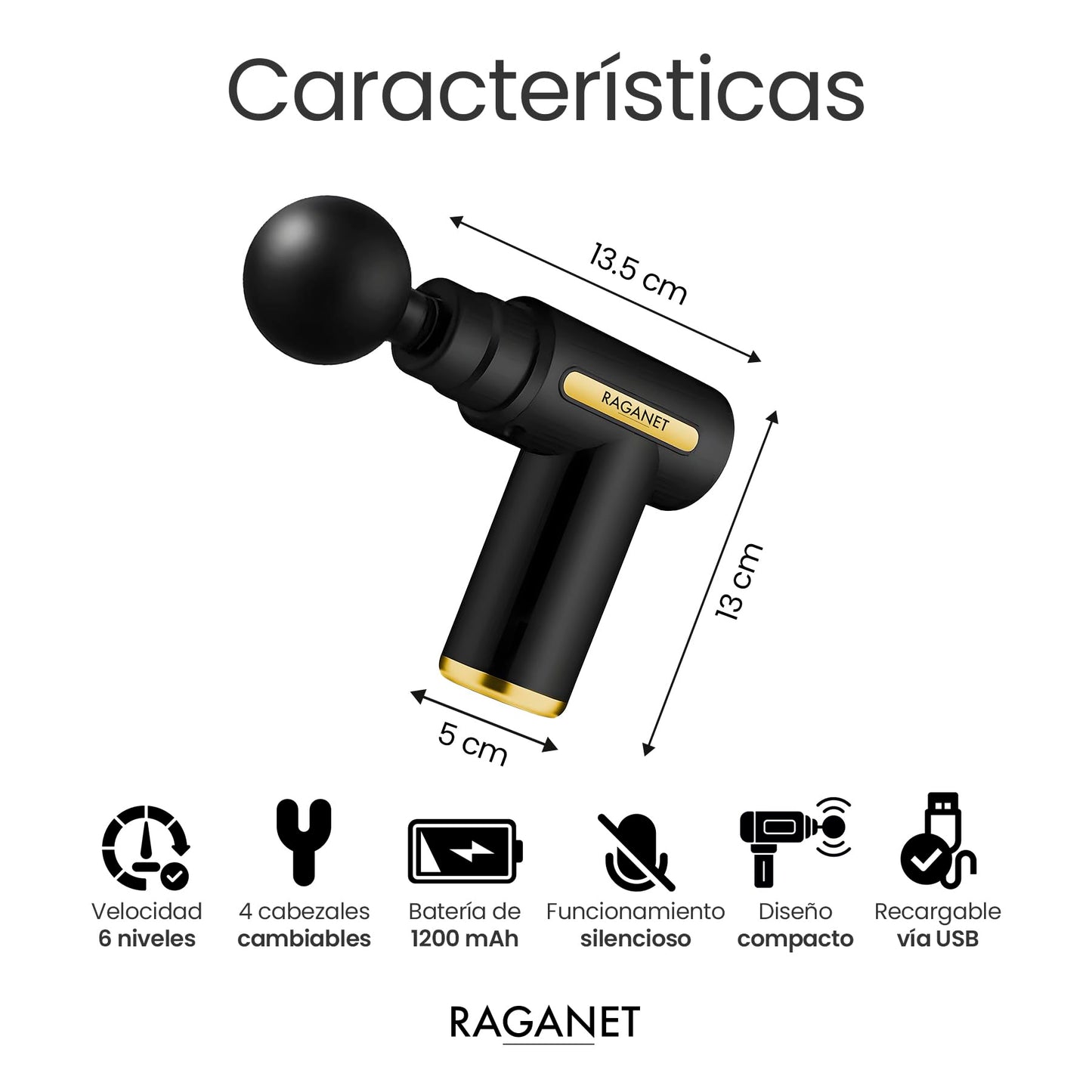 Raganet, Pistola Masajeadora con 4 Cabezas, Maquina Masajeadora de 6 Velocidades, Masaje Profesional Para Musculos, Ligamentos y Tejidos, Pistola Portatil, Carga USB (Color Negro)