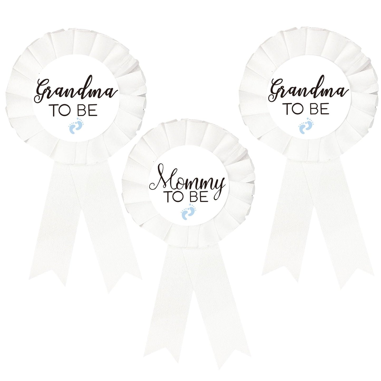 1 Pin de placa de hojalata para mami, 2 insignias para las abuelas, botón de ducha de bebé, regalos para mamá, regalo de género, revela la fiesta, bebé, niño, botón de roseta blanca, celebración del bebé (blanco, huella azul)
