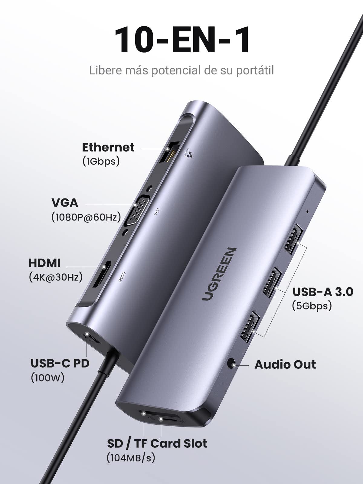 Hub USB C UGREEN Plateado 10 en 1 con HDMI 4K, Ethernet Gigabit, VGA y Carga 100W para Macbook e iPad