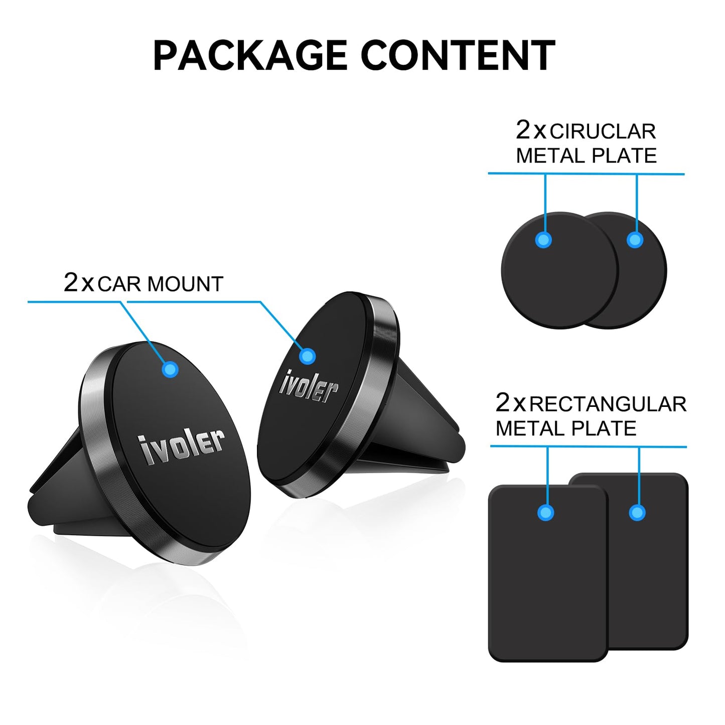 ivoler 2 Pack Soporte Celular Auto Magnético, Porta Base Celular Auto, Iman Coche Móvil para Rejilla del Aire, 360°Rotación, Soporte Magnético Móvil Coche para Smartphone, iPhone, Negro