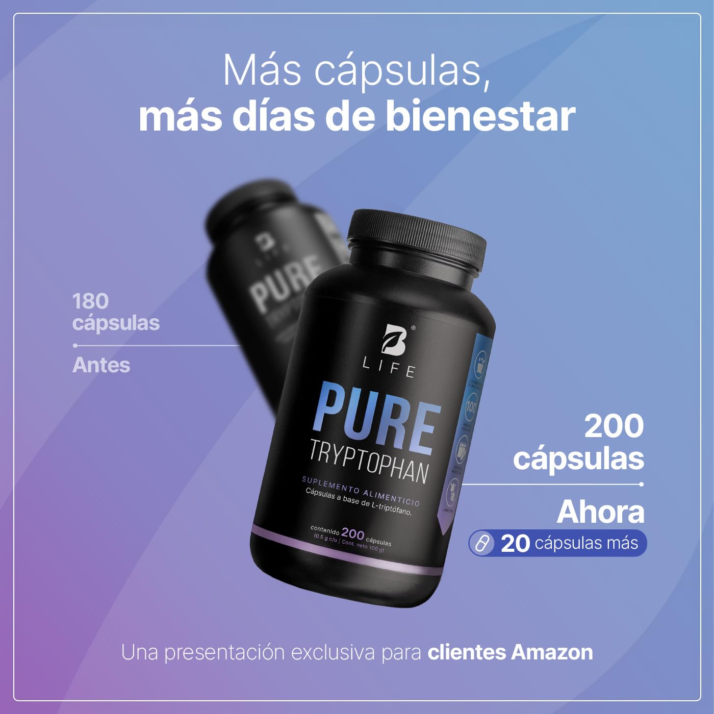 B Life Triptófano Puro | 200 Cápsulas de 500 mg | Aminoácido esencial precursor de serotonina | Pure Tryptophan.