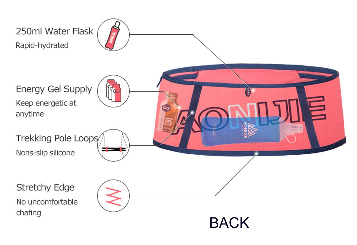 Aonijie - Cinturón de correr con botella de agua de 250 ml, 3 bolsillos, para maratón, escalada, ciclismo, entrenamiento, fitness, soporte para teléfono celular (Negro, L-XL)