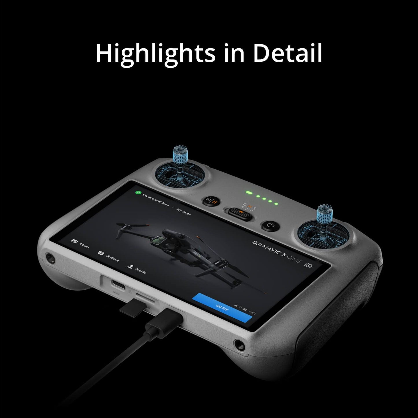 DJI RC, Mando a Distancia con Cuerpo Ligero, visualización FHD, batería de 4 Horas, Barras de Control de precisión, transmisión O3+