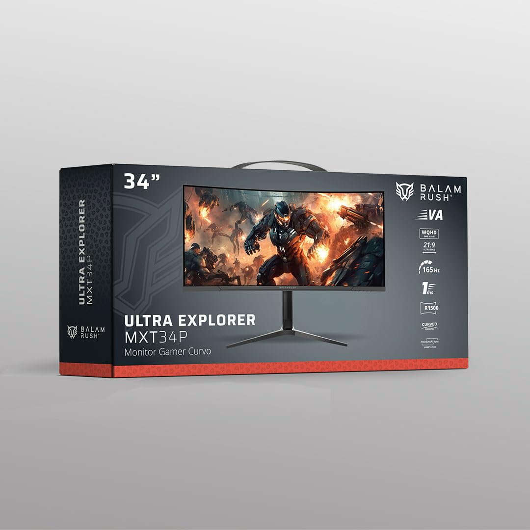 Balam Rush Monitor Gamer Curvo de 34" VA/Ultra Explorer MXT34P / 2K / 165 Hz / 1ms / Bocinas/Altura Ajustable/RGB/VESA 100 x 100, Negro