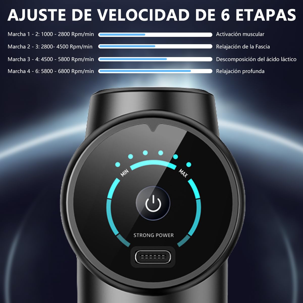 RONSXY Pistola de Masaje Muscular con 4 Cabezas y 6 Velocidades Ajustables, Masajeador Eléctrico Profundo y Portátil de Mano para Relajar Los Músculos y Aliviar el Dolor
