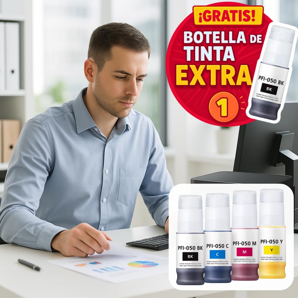 LizzVicc Pack de Tinta Genérica para Canon PFI-050 – 2 Botellas Negras, 1 Cian, 1 Magenta y 1 Amarillo (70 ml c/u) – Compatible con Plóter Canon TC-20 – Tinta Pigmentada de Alta Precisión