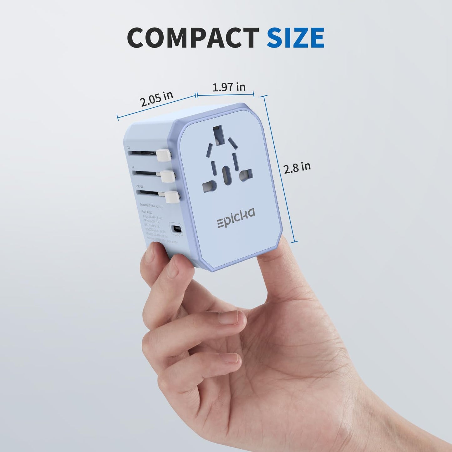 EPICKA - Adaptador Universal de Viaje, Adaptador de Enchufe Internacional con 3 Puertos USB-C y 2 Puertos USB-A, UE Reino Unido, AUS (TA-105C, Azul)