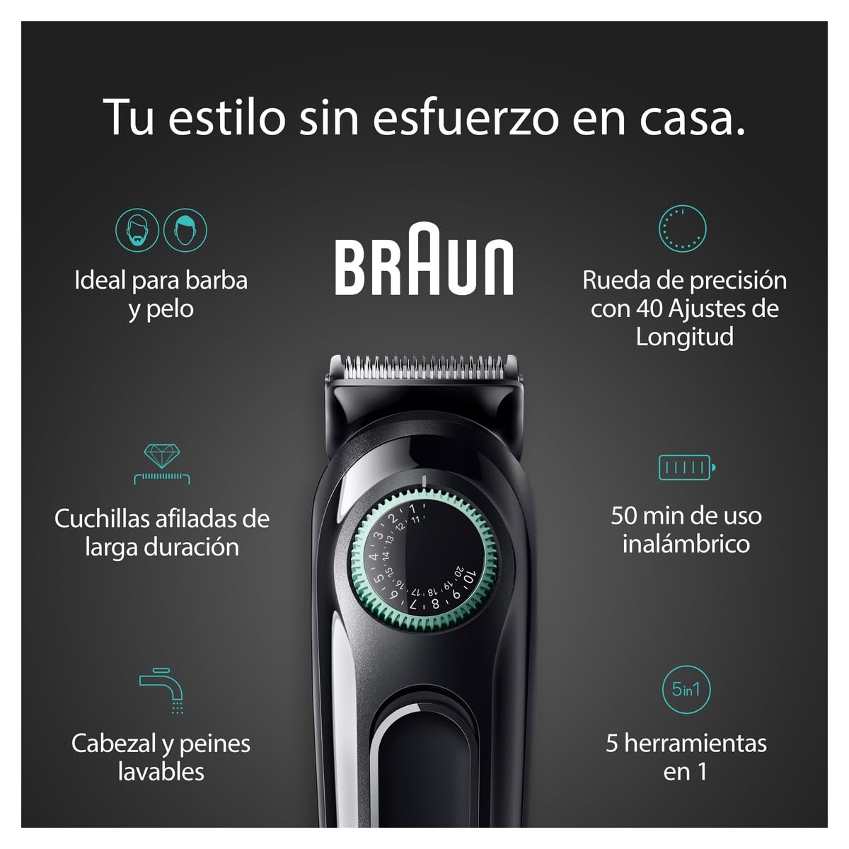 BRAUN Kit All-In-One Series 3, Recortadora de Barba, Nariz. Orejas y Cabello para Hombre 5en1, 40 Longitudes de corte, Lamina ultraafilada, Lavable