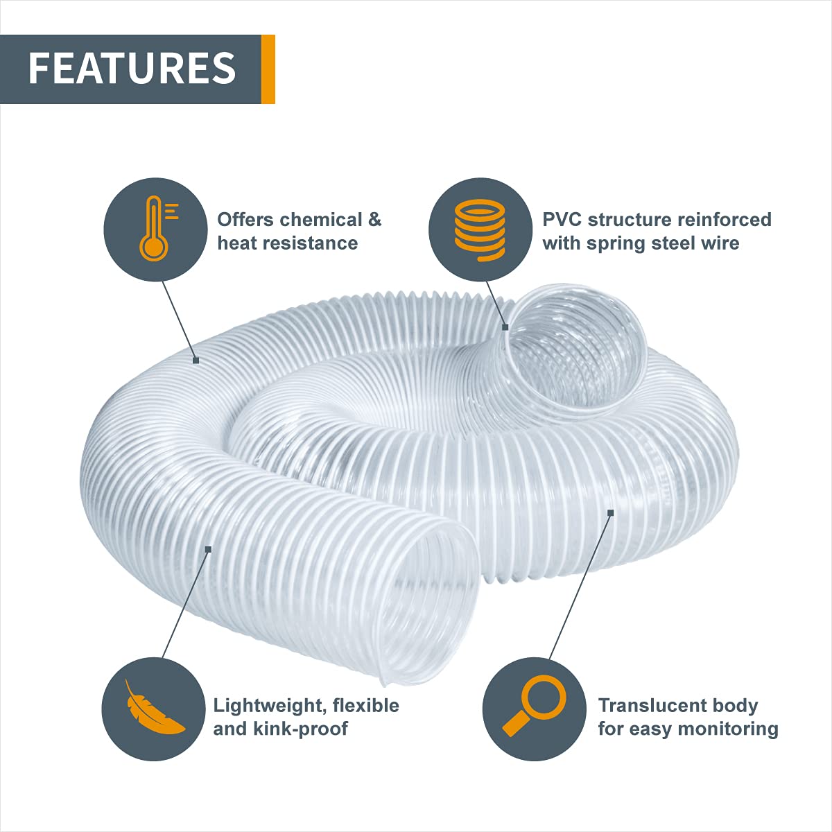Manguera de Recogida de Polvo Powertec Transparente Flexible de PVC 4 Pulgadas x 20 Pies con Abrazaderas