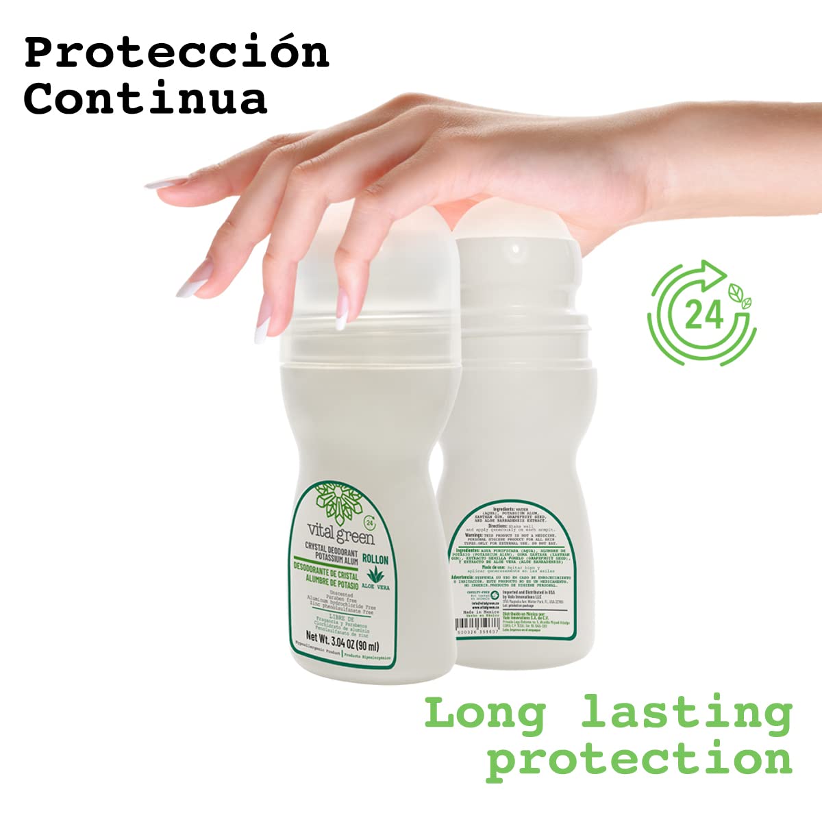 Vital Green - Desodorante Natural de Piedra Cristal de Alumbre de Potasio con Aloe Vera. Ideal Para Piel Sensible. Elimina El Olor y No Mancha. Presentación roll on 90 g - 3 fl oz (1 Unidad)