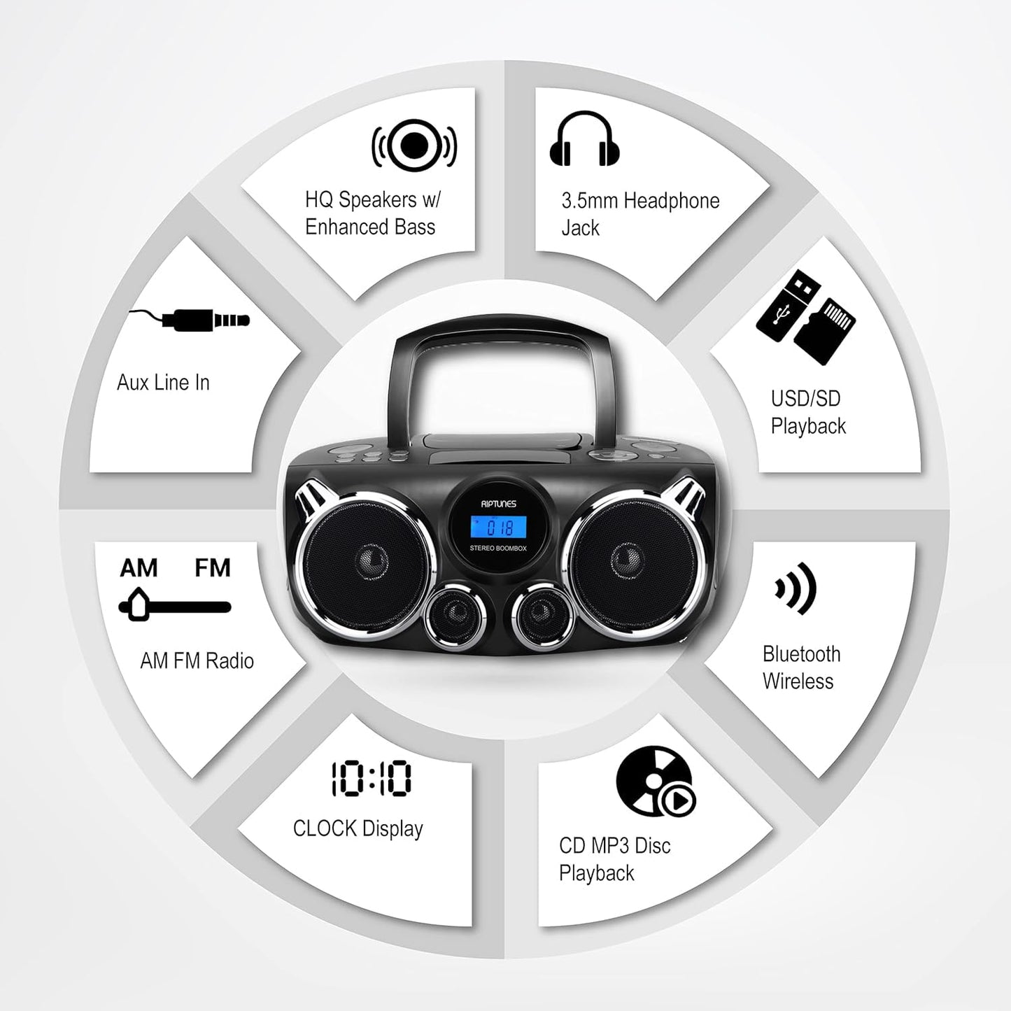 Reproductor de CD RIPTUNES Negro con Sonido Estéreo Bluetooth y Graves Mejorados