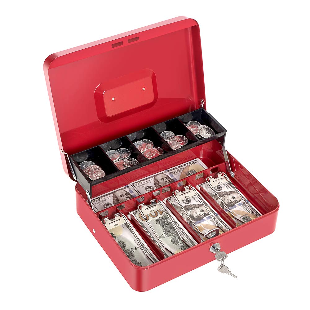 Caja de dinero con bandeja para dinero y cerradura de llave, caja fuerte grande de metal con bandeja para monedas en voladizo, caja de bloqueo para dinero de 11.8 x 9.4 x 3.5 pulgadas, color rojo