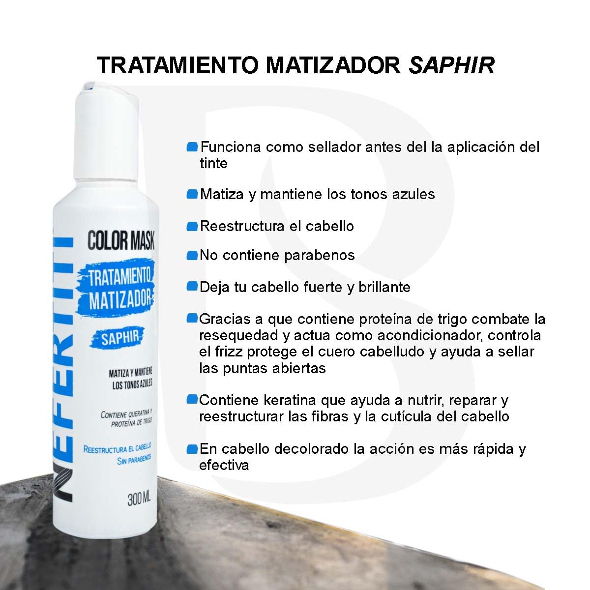 Tratamiento Matizador Nefertiti Saphir Azul con Keratina y Proteína de Trigo para el Cabello