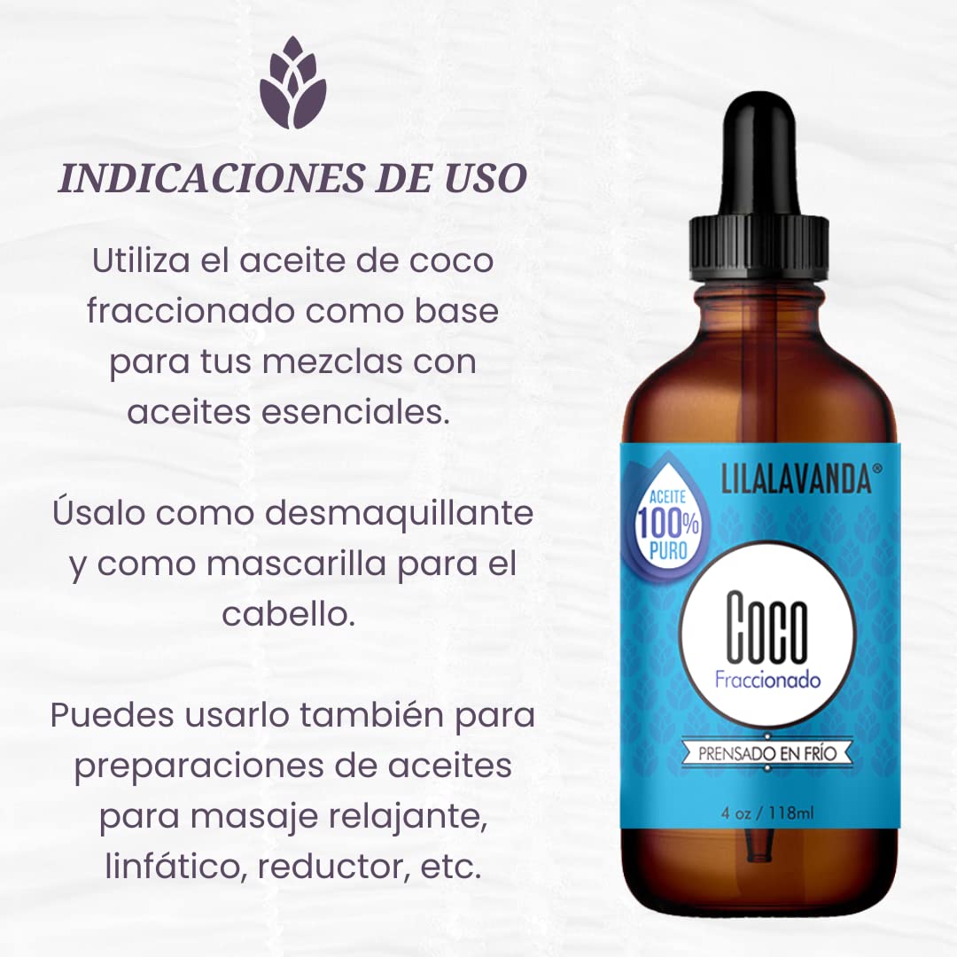 LilaLavanda - Aceite de Coco Fraccionado, 100% natural y puro, sin rellenos, sin aromas añadidos, prensado en frío. Para masaje y porta aceites esenciales - 118 ml