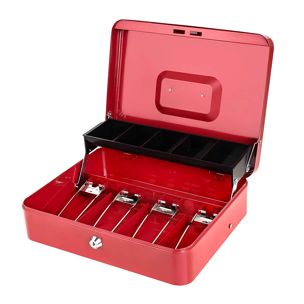 Caja de dinero con bandeja para dinero y cerradura de llave, caja fuerte grande de metal con bandeja para monedas en voladizo, caja de bloqueo para dinero de 11.8 x 9.4 x 3.5 pulgadas, color rojo