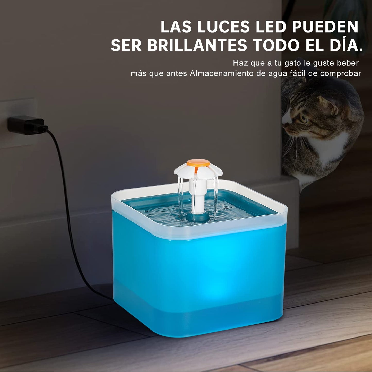 Fuente de Agua para Gatos, Fuente para Gatos Ultra Silenciosa con luz LED, Fuente de Agua para Mascotas con Capacidad de 2 l con Filtro, Dispensador Automático de Agua Potable para Gatos y Perros