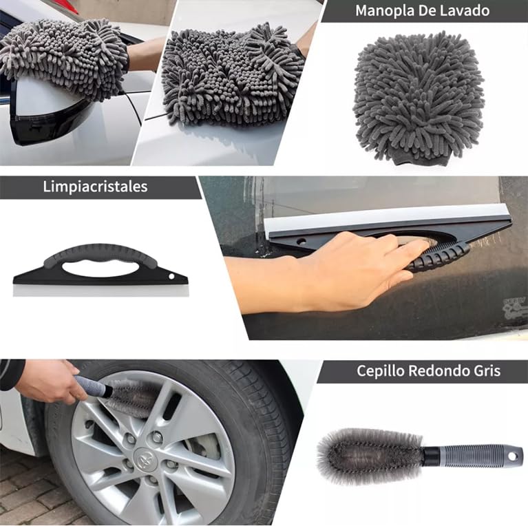 CaoMuKin Juego de Cepillos para Limpieza de Coches, Kit de Limpieza para Auto de 23 Piezas, Kit de Lavado para Interior, Exterior y Ruedas, Gris