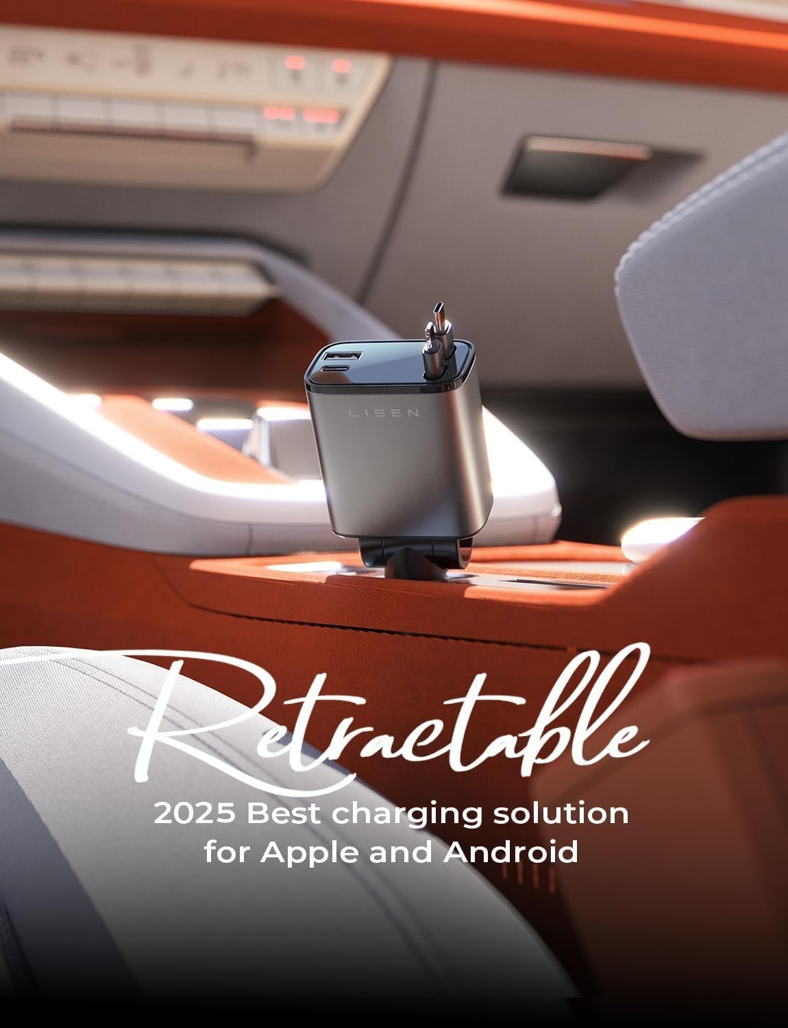 Cargador para Auto LISEN 69W Retráctil Compatible con iPhone y Galaxy Moderna Tecnología de Carga Rápida