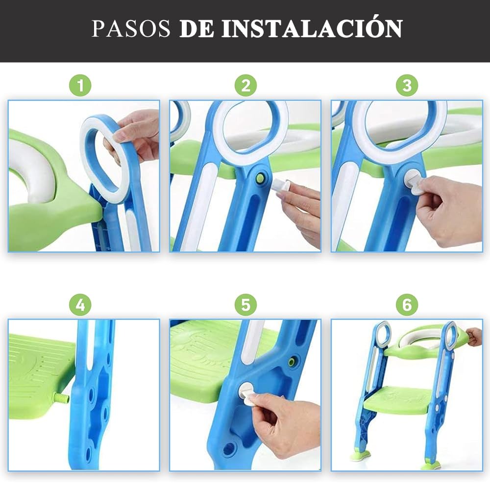 Baño Entrenador Niño, Asiento Entrenador para Baño con Tapizado y Escalera Antideslizante, Plegable Escalera para Baño Niños, Fácil de Guardar, Asiento Ergonómico, Edad de 3 a 10 Años, Verde Azulado