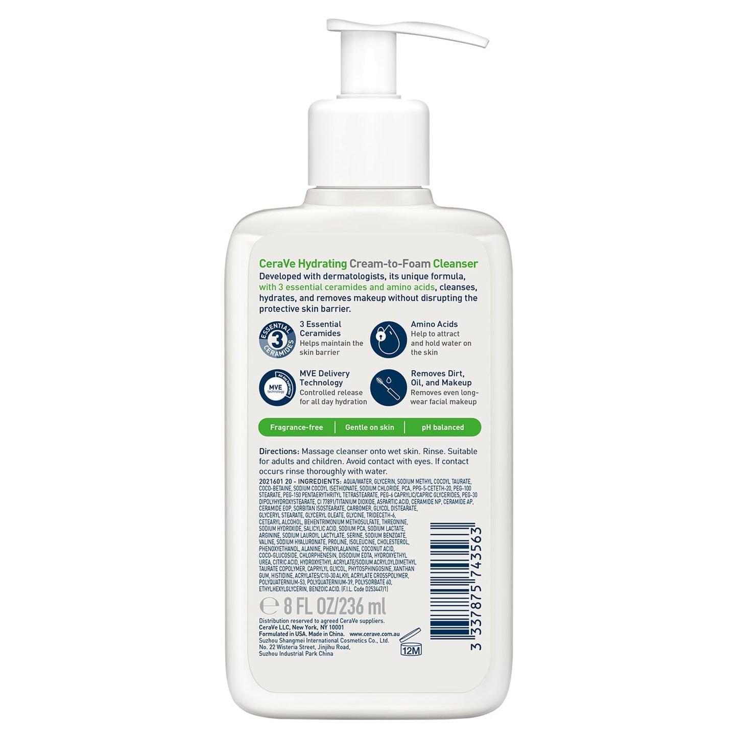 CeraVe Limpiadora Crema-Espuma Hidratante Facial Diaria para Piel Normal a Seca 236ml