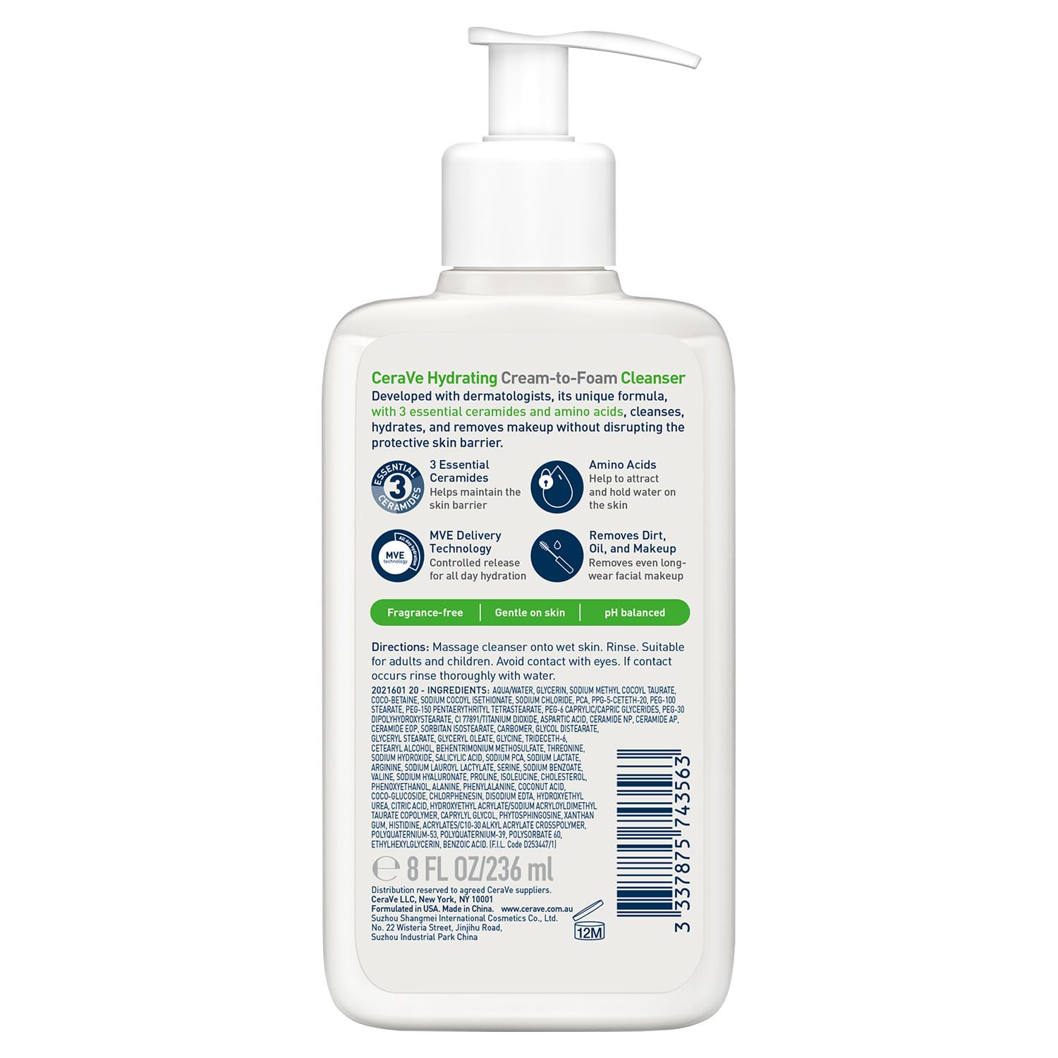 CeraVe Limpiadora Crema-Espuma Hidratante Facial Diaria para Piel Normal a Seca 236ml