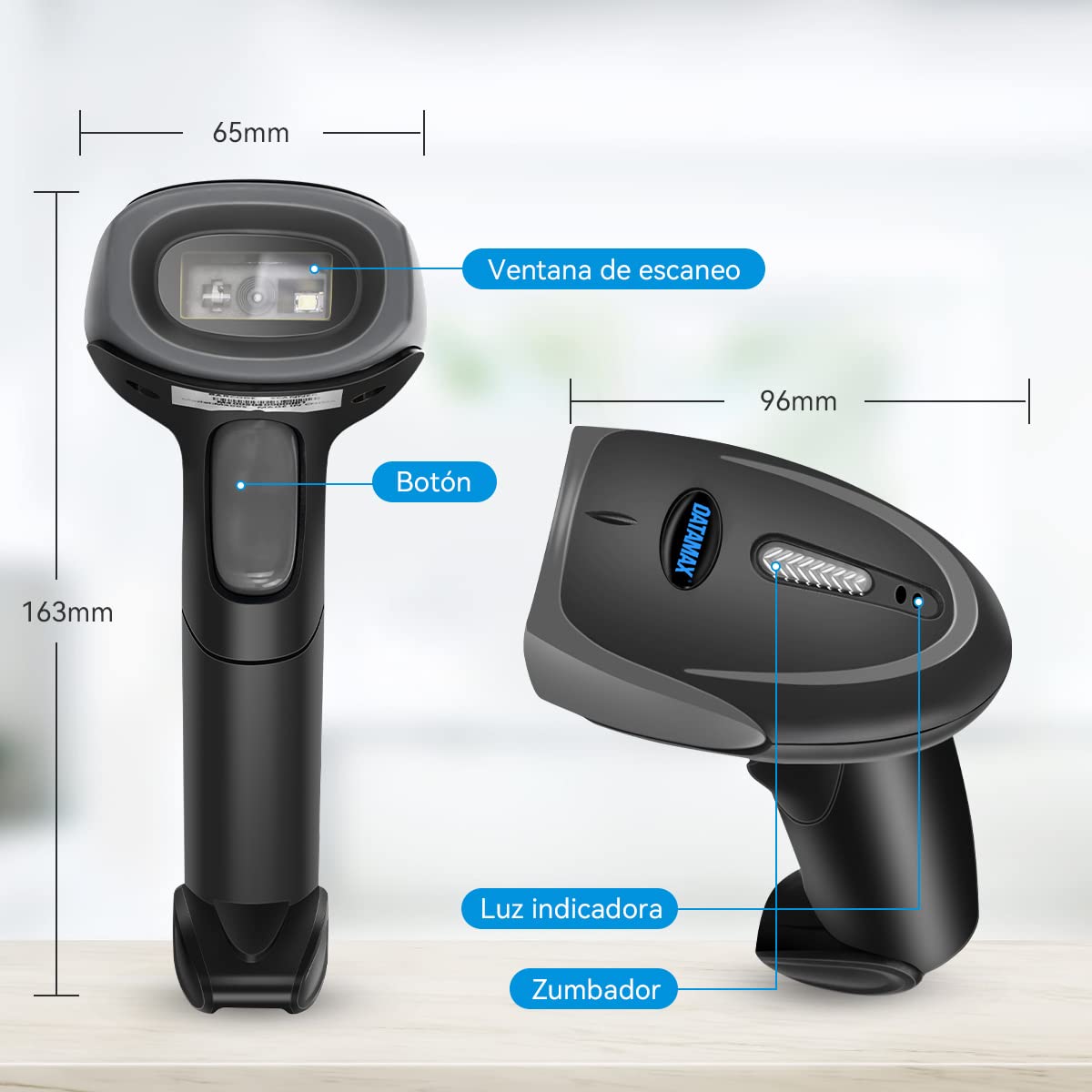 Gurkitsy Escáner de Código de Barras 1D 2D Inalámbrico, Handheld Lector de Códigos de Barras Láser con Receptor (Inalámbrico 2.4GHz + Cable USB) 2000mAh 573979