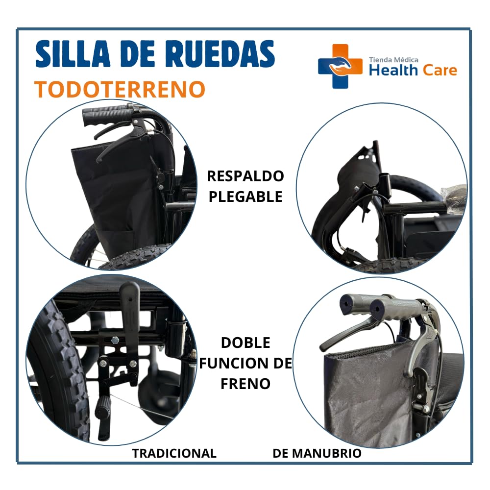 CARRE - SILLA DE RUEDAS PARA ADULTO TODO TERRENO DE LUJO NEUMATICA, RESISITENTE PLEGABLE, DESCANSAPIES REMOVIBLE, DESCANSABRAZOS REMOVIBLE, RESPALDO PLEGABLE, ACERO ESMALTADO SCT-002