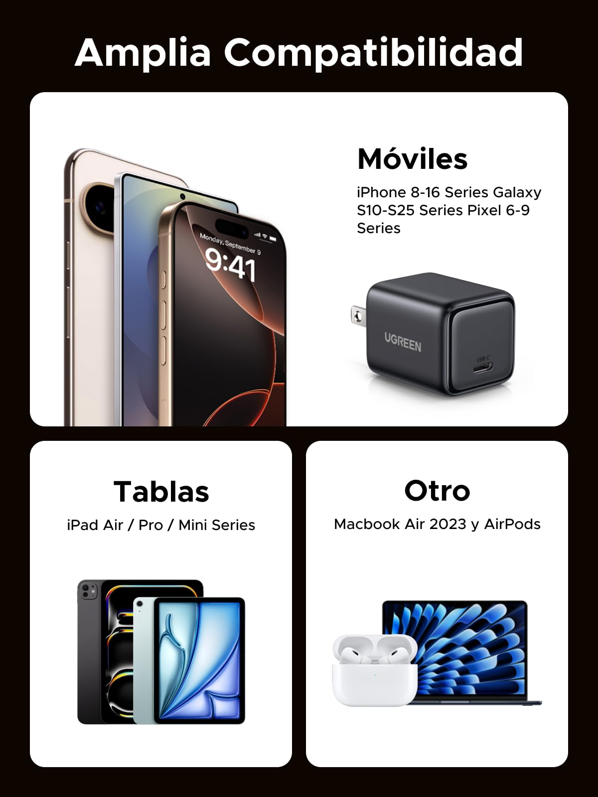 UGREEN 30W Cargador Tipo USB C Carga Rápida, Cubo de Pared para Celular, GAN Material Compatible con Galaxy S25/S24, iPhone 16 15 14 Pro MAX, Macbook Air, iPad Pro, Negro