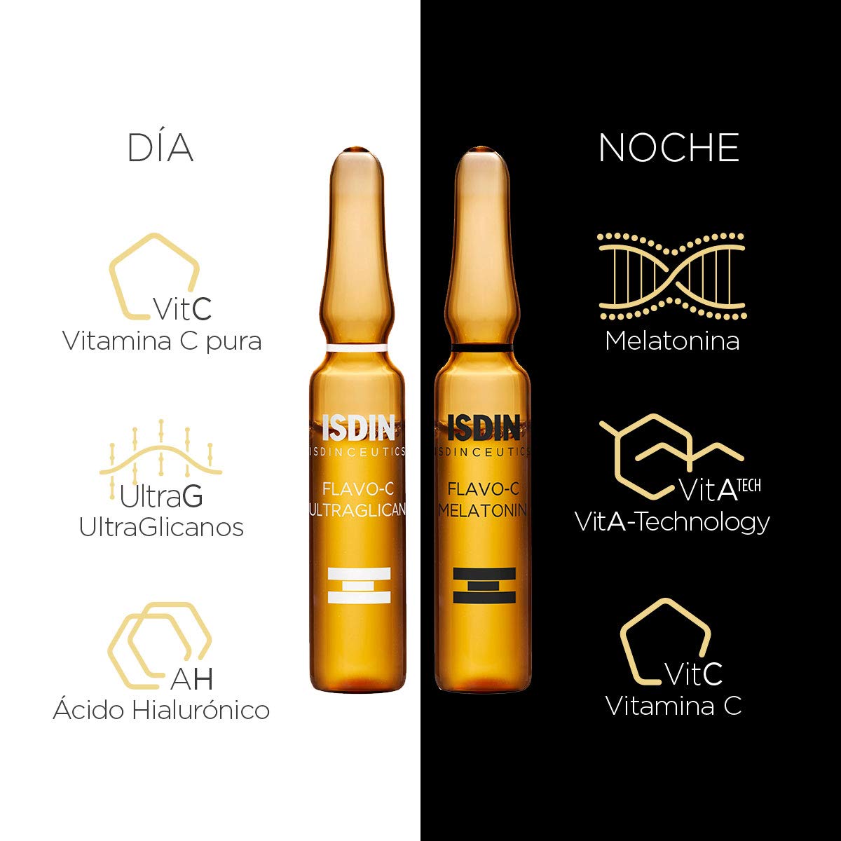 ISDIN Isdinceutics day & night flavo-c melatonin & ultraglican, serum facial antioxidante, hidratante y reparador con vitamina c, 20 ampolletas