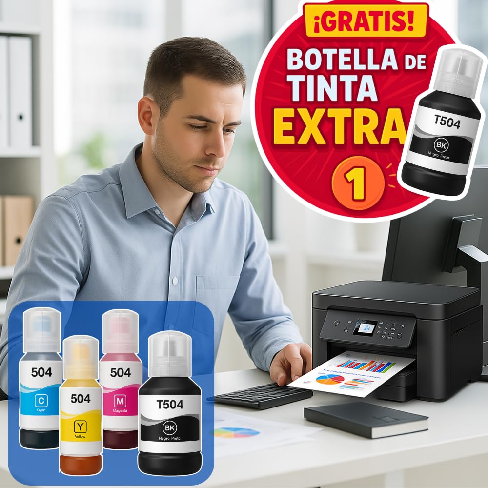 LizzVicc Pack de Tinta Genérica para Epson 504, T504– Compatible con EcoTank L4150, L4160, L6171, L6191, L6270, L14150 – 2 Botellas Negras (127 ml c/u) + 1 Cian, 1 Magenta y 1 Amarillo (70 ml c/u)