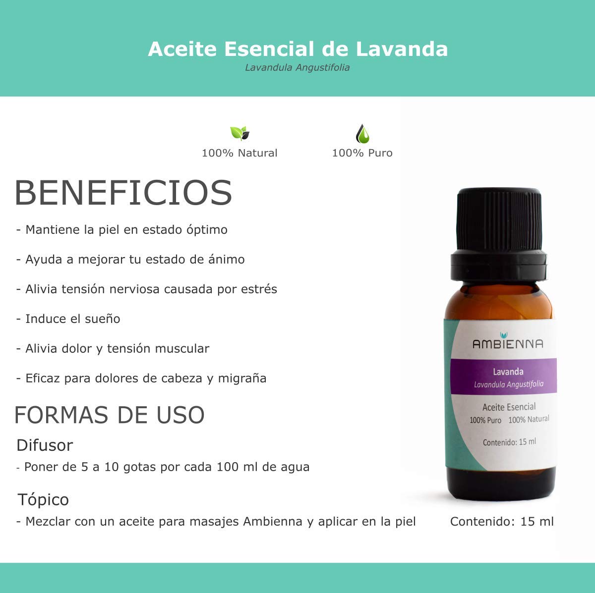 Aceite Esencial Ambienna Lavanda 100% Natural y Puro para Difusor o Uso en Spa 15 ml