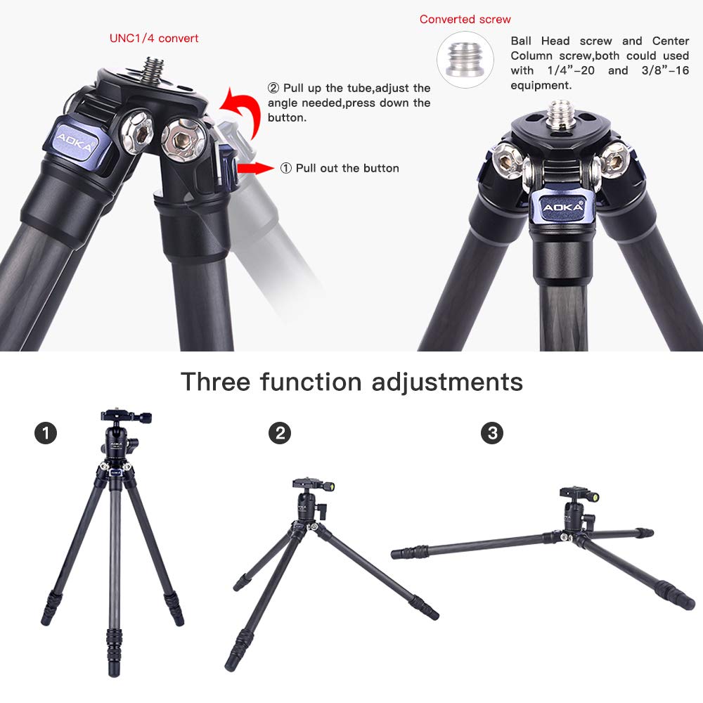 AOKA - Trípode de Fibra de Carbono Compacto Ligero de 28 Pulgadas/1 Libras con Cabezal de Bola de 360 °, Mini trípode de Viaje para teléfono Celular y cámaras compactas sin Espejo, Color Negro