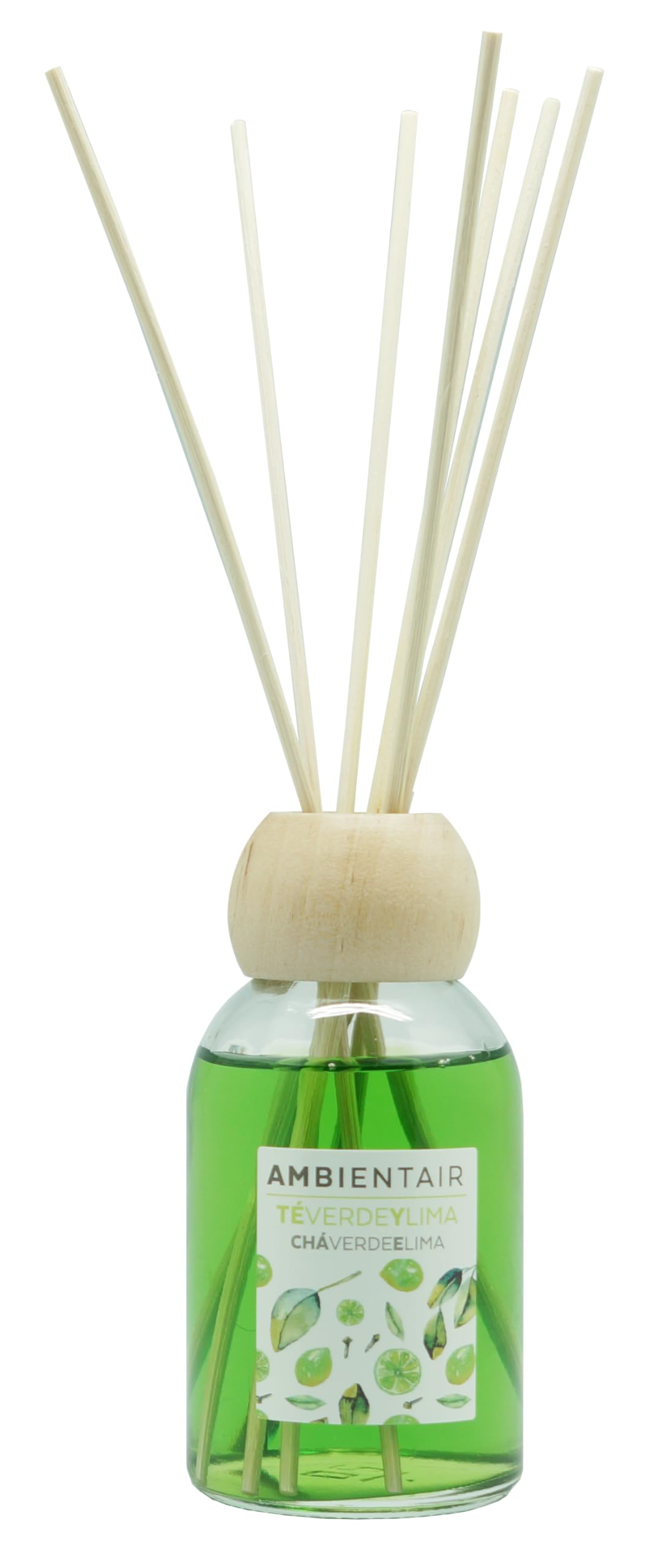 Ambientair Difusor Mikado 100 ml con Varillas de Ratán – Aroma Té Verde y Lima – Aromatizante de Ambiente en Frasco de Vidrio – Larga Duración