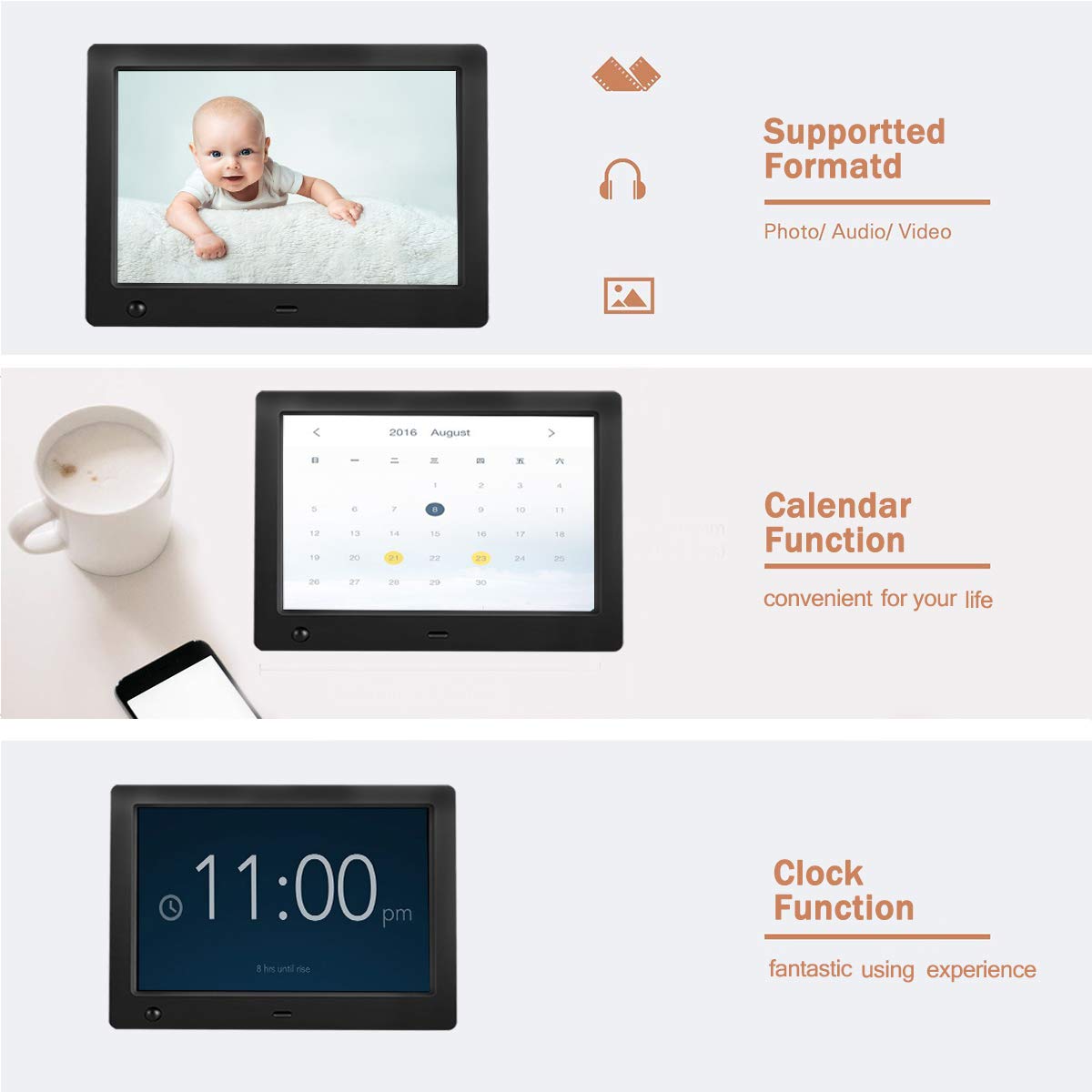 Digital Picture Frame 8 inch Electronic Digital Photo Frame with High Resolution 1024x768 IPS LCD and Motion Sensor/1080P 720P Video Player/Calendar/Time/Remote Control/Best for Gift or Present
