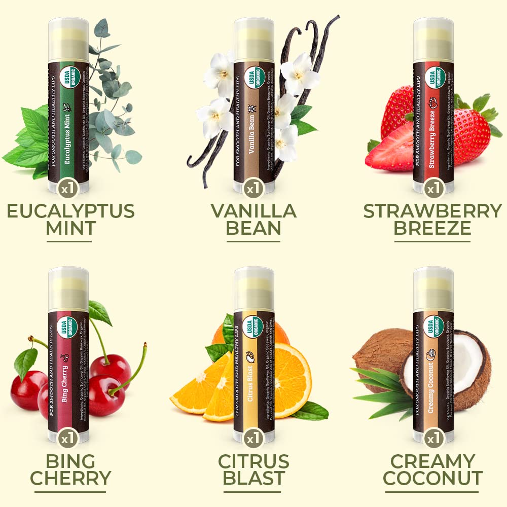 Bálsamo Labial Orgánico Earth's Daughter Frutas 6-Pack con Cera de Abeja y Aceite de Coco para Labios Secos