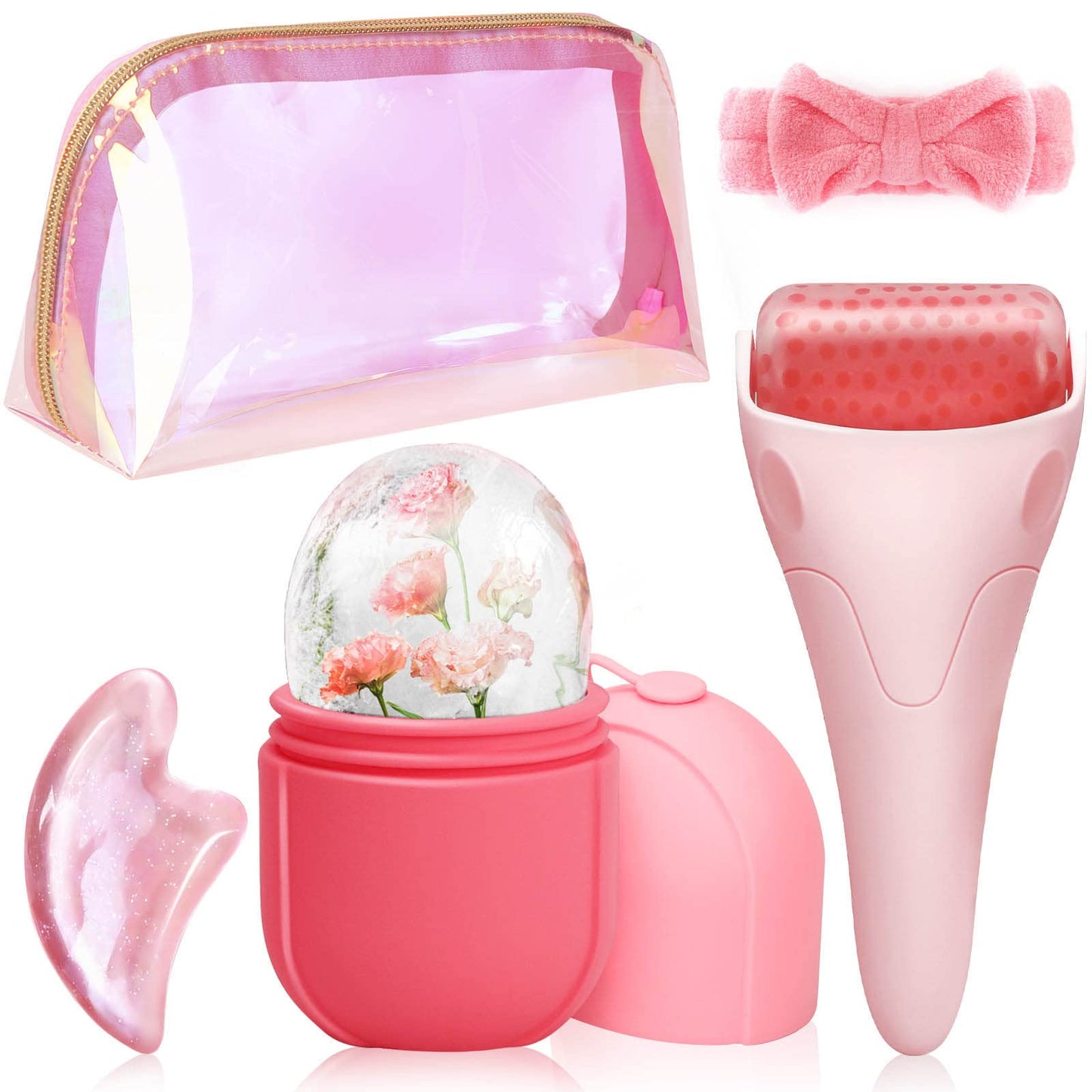 WEEGEEKS Rodillo de hielo y molde de hielo para herramientas de masaje facial, kit de cuidado de la piel con rodillo facial de hielo, molde de hielo facial, diadema de spa, herramienta Gua Sha, hermosa bolsa de embrague incluida