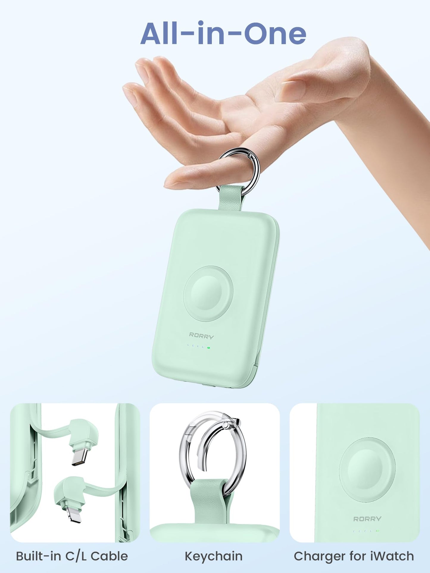 Power Bank RORRY Verde 10000mAh Pila Portátil con Cables Integrados para iPhone y Apple Watch