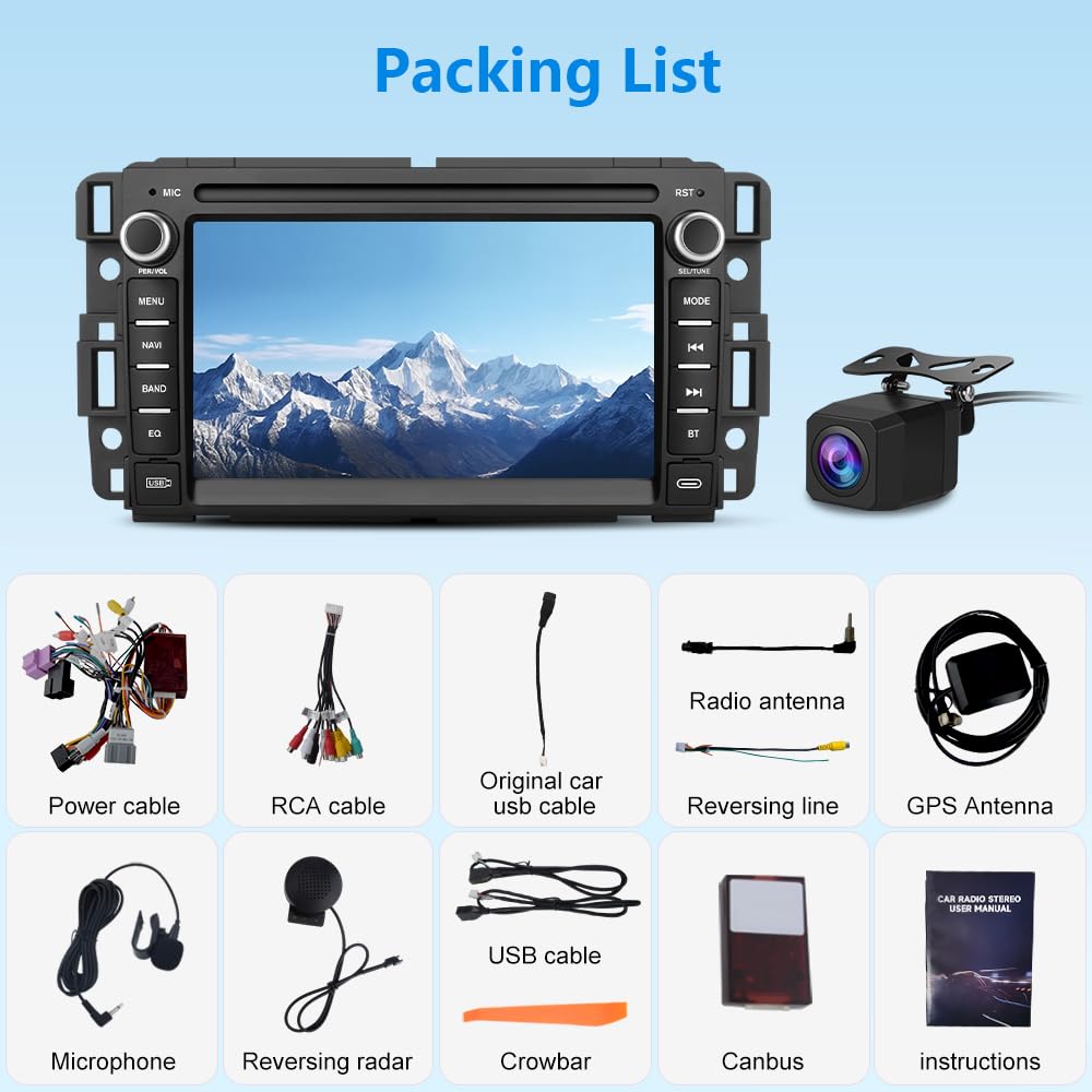AWESAFE - Estéreo de coche para Chevrolet Silverado Tahoe GMC Sierra Yukon 2007-2013, Android 7 pulgadas visualización táctil Silverado Radio con CarPlay Android Auto Bluetooth GPS AM FM - Cámara