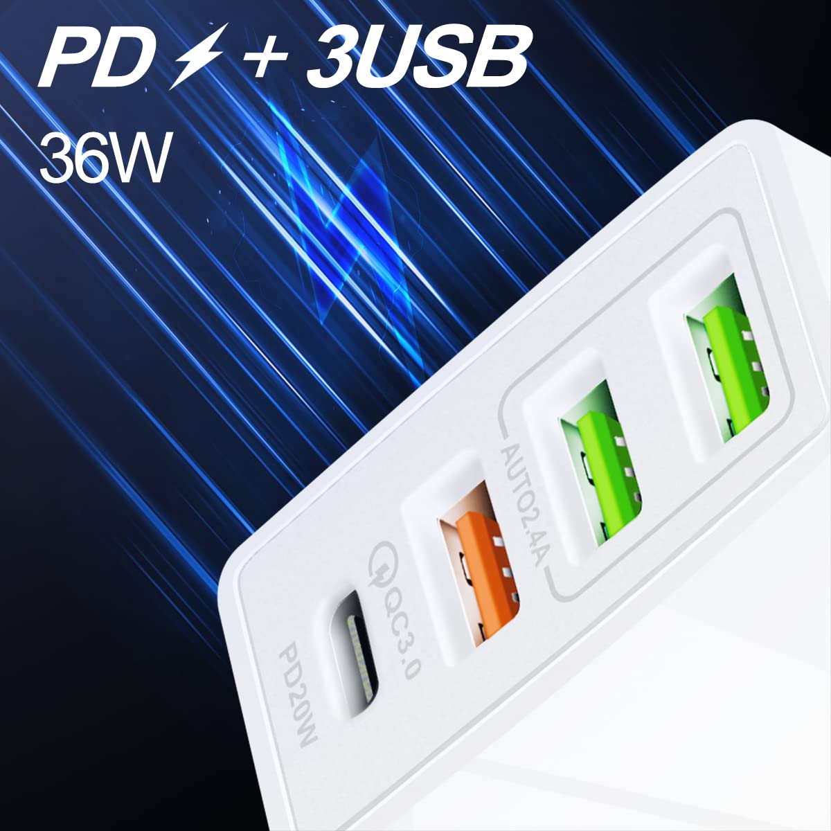DAQI Cargador de Carga Rápida 36W 4 en 1,36W 4 Puertos de Carga Rápida PD Cargadores de Pared con QC3.0,Bloque de Carga súper rápida, 4 Puertos, Compatible para Celular, Tablet y Laptop y más