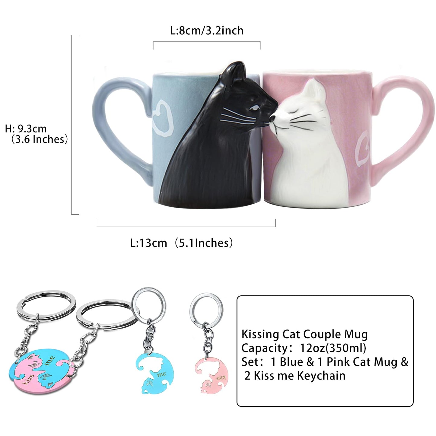 Juego de tazas de café con diseño de gato beso, juego de tazas de cerámica para novia y novio, regalo a juego para cumpleaños, aniversario, boda, compromiso, día de San Valentín, novia, esposa (taza de gato)