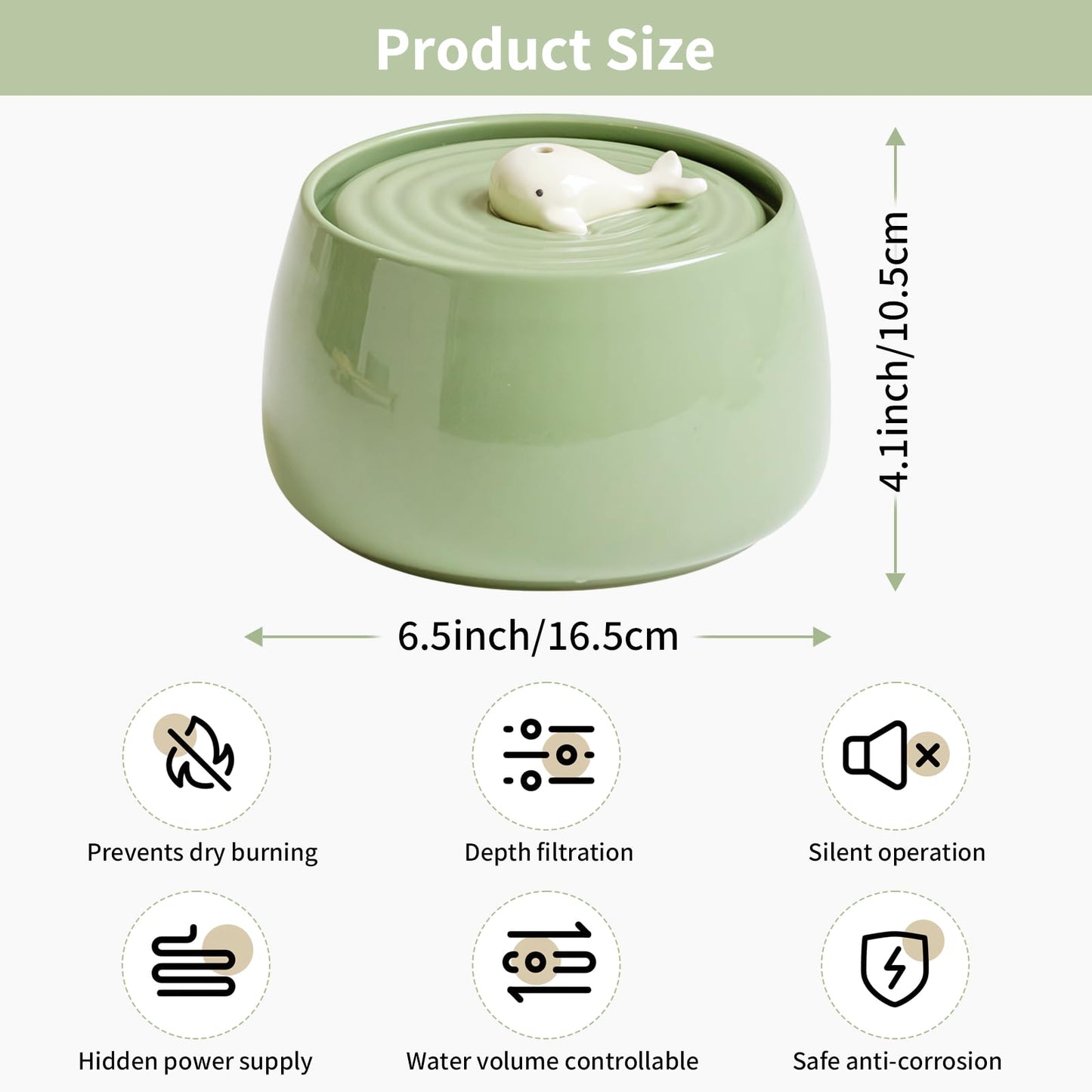 Fuente De Agua De Cerámica qooarker Verde Diseño de Ballena con Filtro de Carbón Activado para Gatos en Interiores 45 Oz