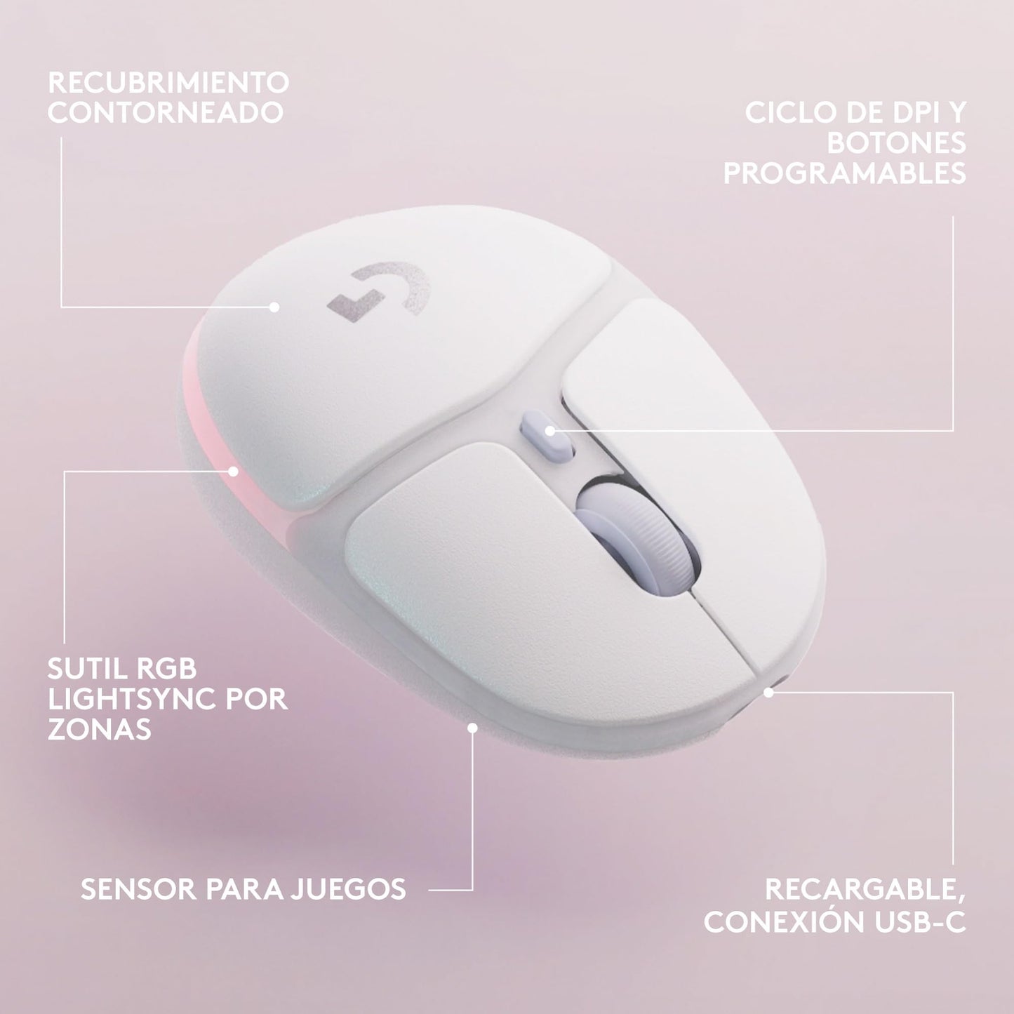 Logitech G705 Mouse Inalámbrico para Juegos, Iluminación LIGHTSYNC RGB Personalizable, Inalámbrico Lightspeed, Conectividad Bluetooth, Ligero, PC/Mac/Laptop - Blanco Niebla